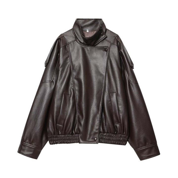 Women's faux leather bomber jacket with high stand collar, asymmetrical snap placket, and elastic hem Mune Fashion