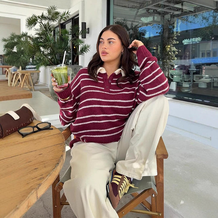 Women's Oversized Knit Sweater with Polo Collar & Stripe Pattern Mune Fashion