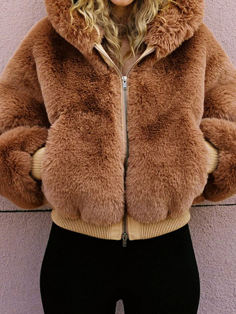 Women's Short Teddy Faux Fur Bomber Jacket with Hood, Wide Ribbed Hem and Two-Way Zipper Mune Fashion