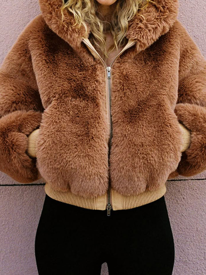 Women's Short Teddy Faux Fur Bomber Jacket with Hood, Wide Ribbed Hem and Two-Way Zipper Mune Fashion