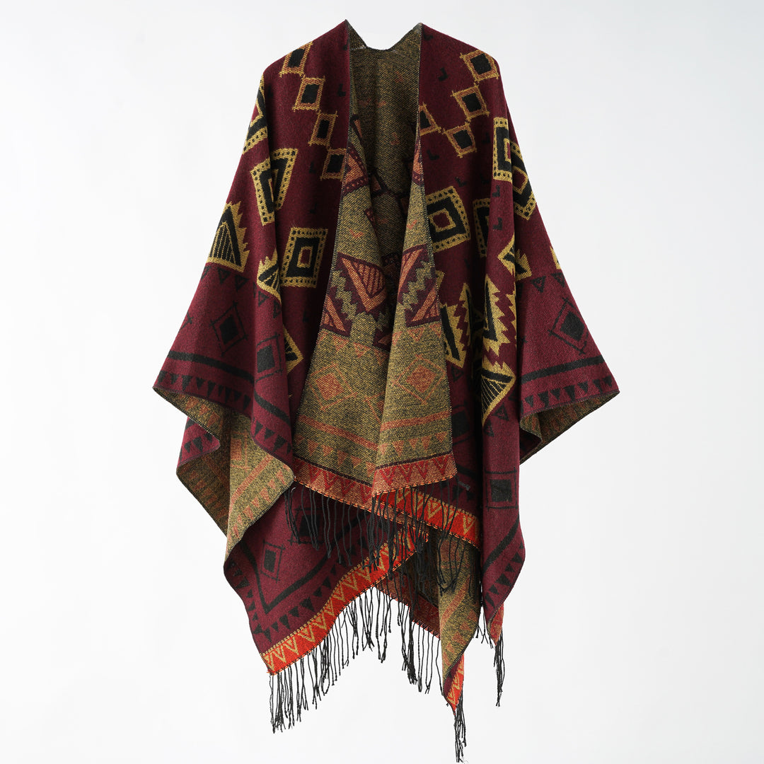 Women's jacquard wrap ruana in ethnic design with fringes and open fall Mune Fashion