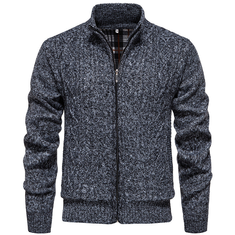 Men's chunky knit cardigan with cable pattern, stand-up collar and checked inner lining Mune Fashion