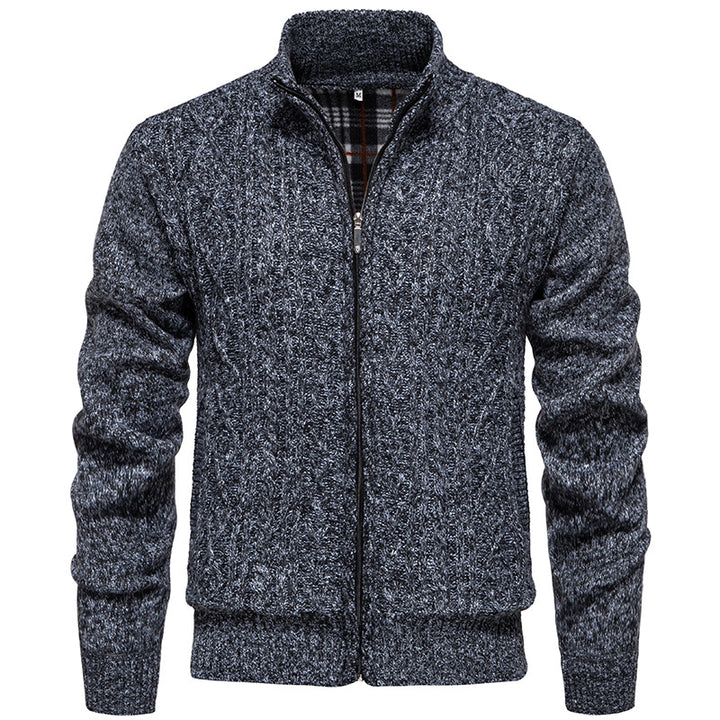 Men's chunky knit cardigan with cable pattern, stand-up collar and checked inner lining Mune Fashion