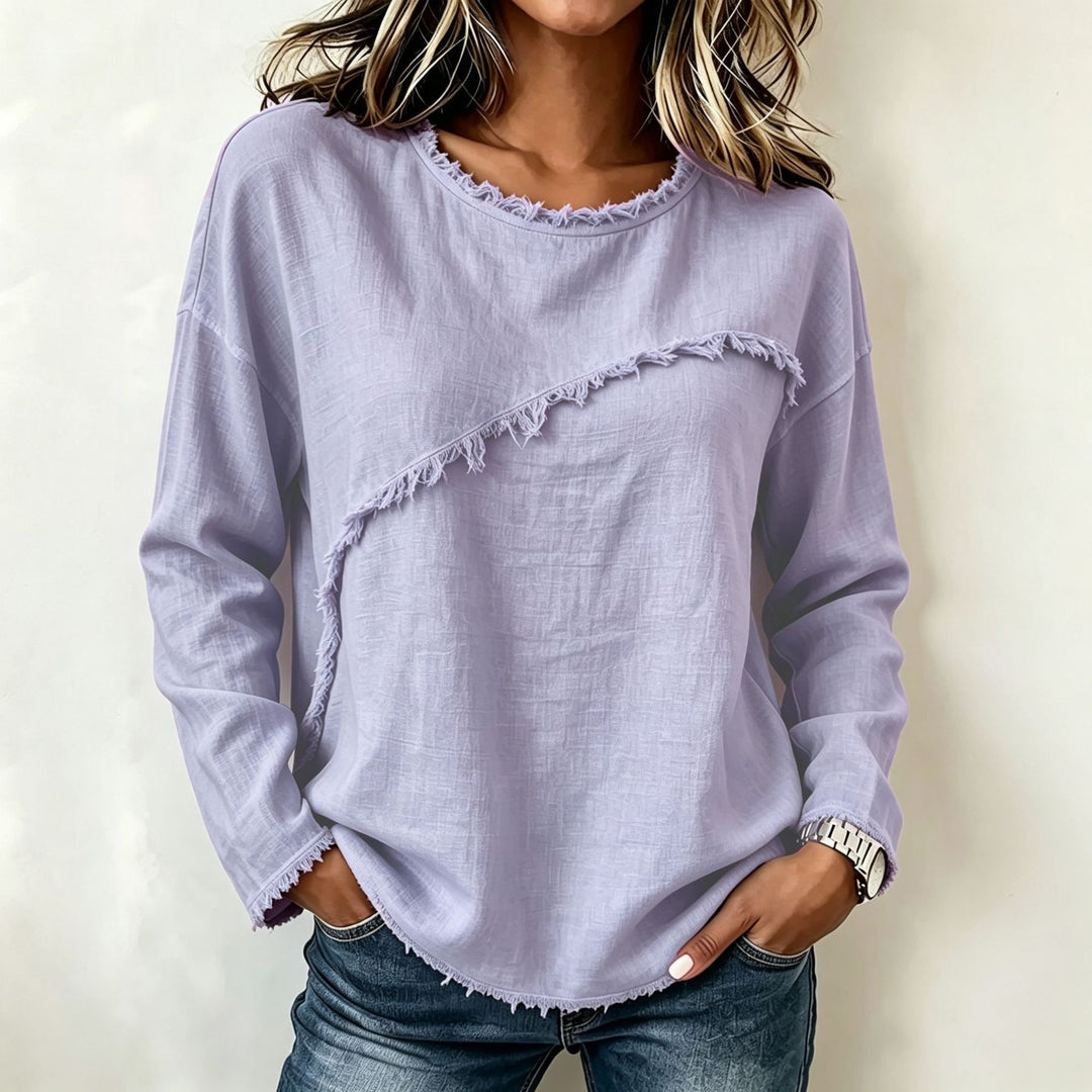 Women Casual Long Sleeve with Diagonal Fringe Application and Frayed Round Neck Mune Fashion