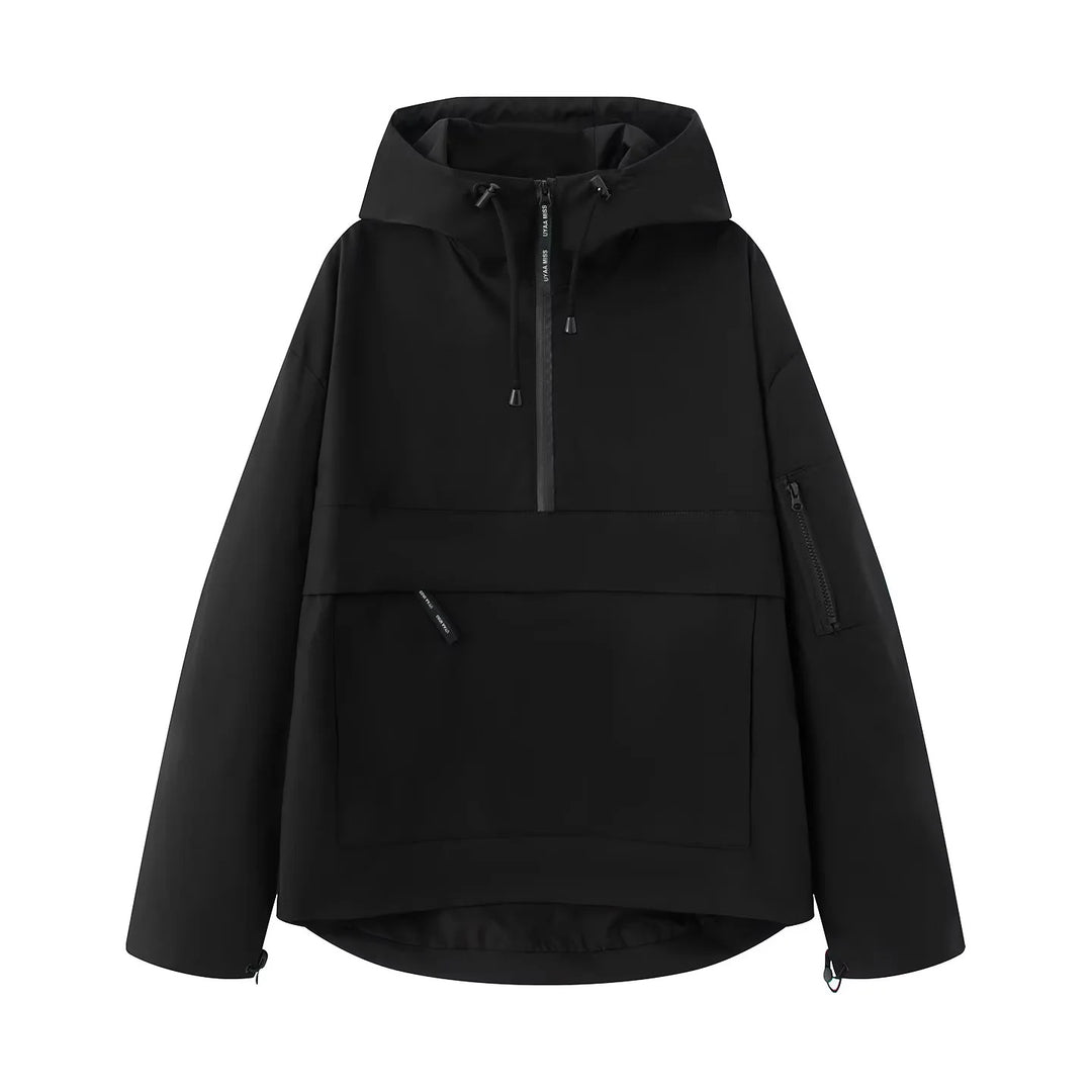 Women's windproof anorak pullover jacket with hood, half zipper, and large kangaroo pocket Mune Fashion