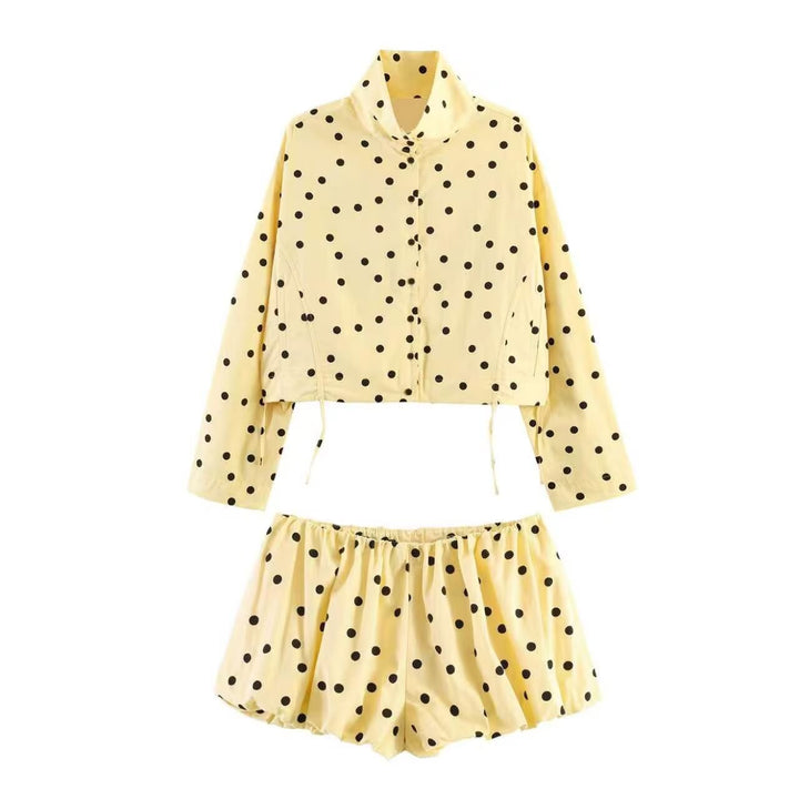 Women's Polka Dot Cropped Utility Jacket with Stand Collar and Drawstring Mune Fashion