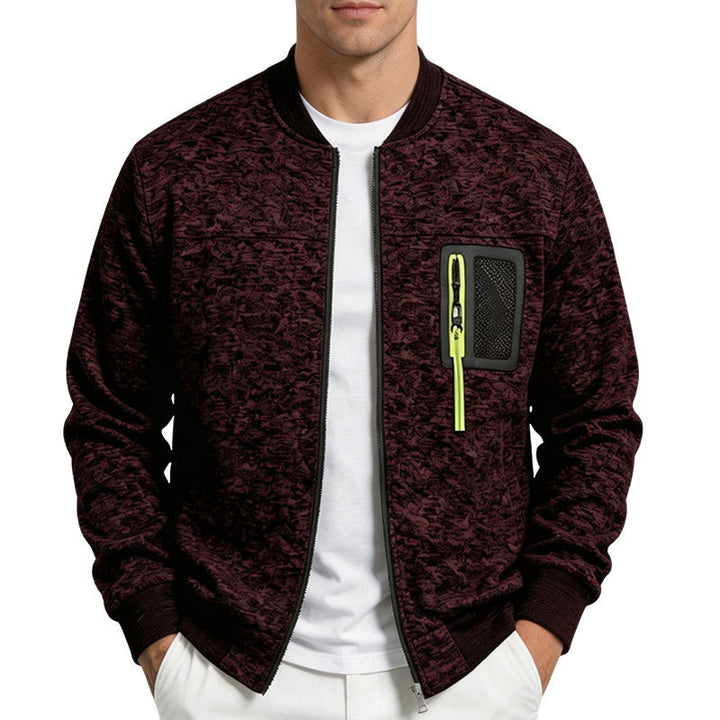 Men's structured bomber jacket with camouflage texture and zippered chest pocket Mune Fashion