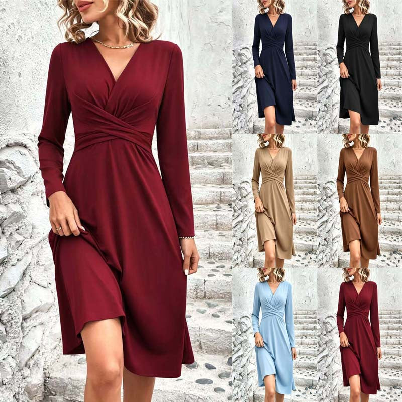 Women's Wrap Midi Dress with V-Neck and Tailored Draping Mune Fashion