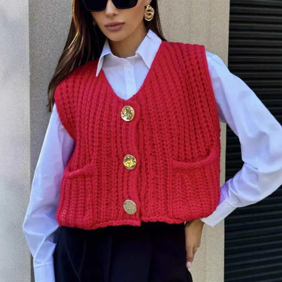 Women's Chunky Knit Cropped Vest with V-Neck and Gold Decorative Buttons Mune Fashion