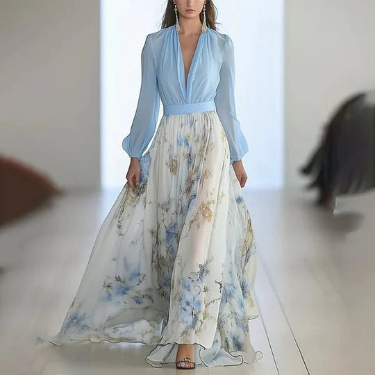 Women's flowing chiffon maxi dress with deep V-neck, fitted waistband, and long bell skirt Mune Fashion