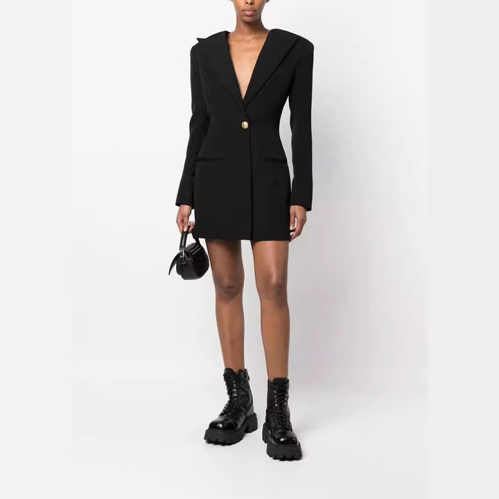 Women's short blazer dress in minimalist tailoring with emphasized shoulder and single-button closure Mune Fashion
