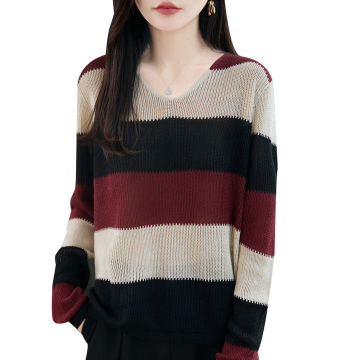 Women Light V-Neck Fine Knit Sweater with Wide Block Stripes and Relaxed Fit Mune Fashion
