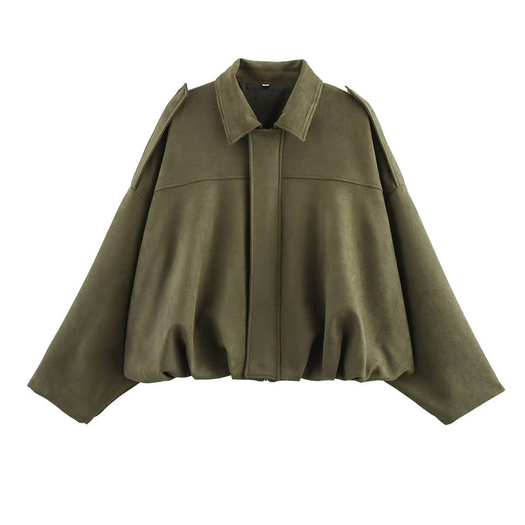 Ladies Oversized Suede Jacket with Shoulder Flaps, Concealed Button Placket and Elastic Hem Mune Fashion