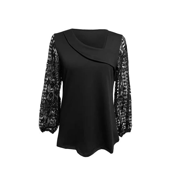 Ladies nan tunic top with asymmetrical waterfall yoke and floral lace balloon sleeves Mune Fashion