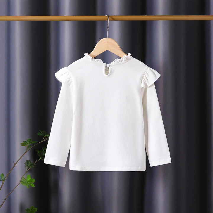 Women Long Sleeve Shirt with Playful Ruffle Design and Decorative Flower Motif Mune Fashion