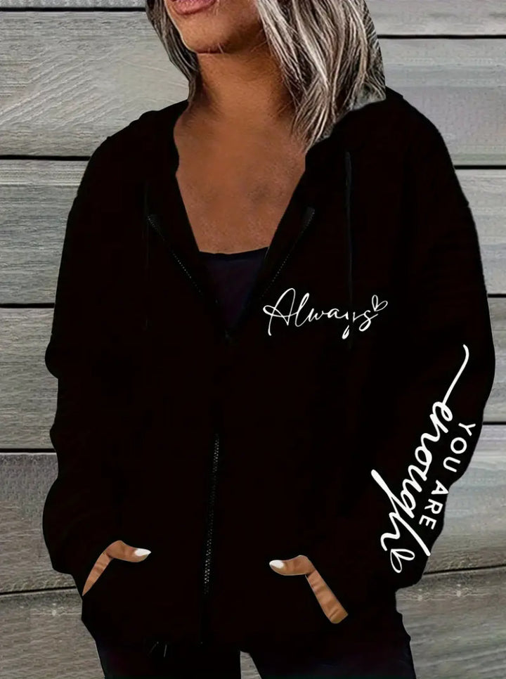 Women's oversized hooded jacket with zipper, handwritten typo application and contrast side pockets Mune Fashion