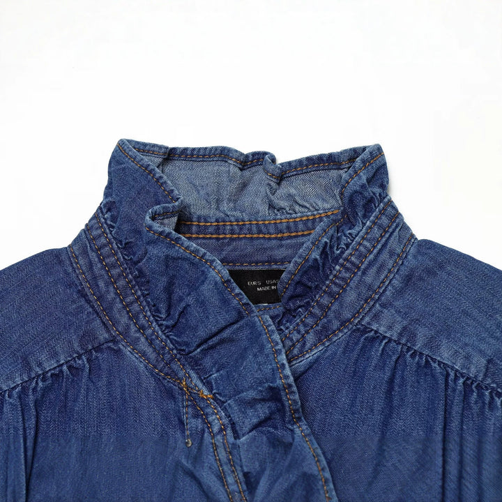 Women's Soft Denim Tunic with Ruffle Trim, Stand Collar, and Balloon Sleeves Drune