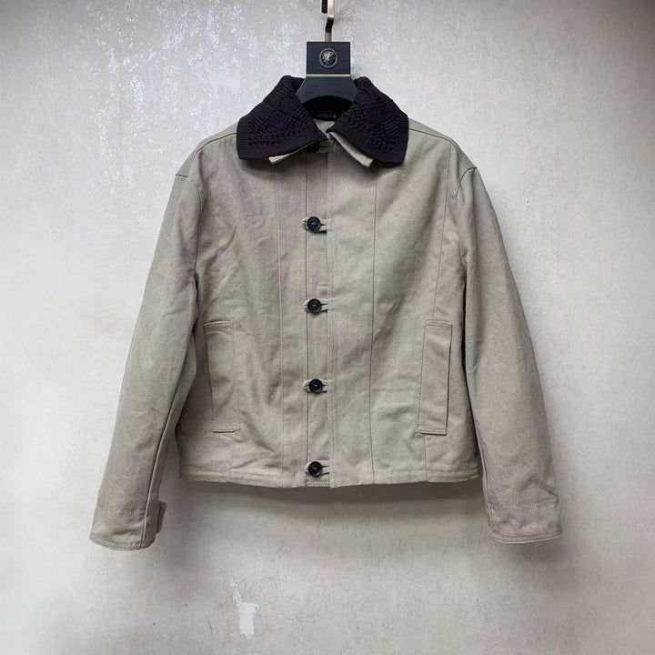 Men's short canvas jacket with crocheted contrast collar Mune Fashion