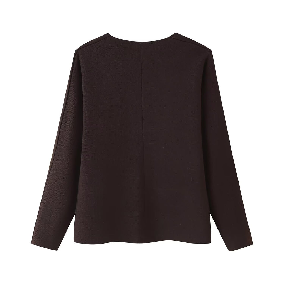Women's Boxy Fine Knit Jacket with Deep V-Neck and Golden Decorative Buttons Mune Fashion