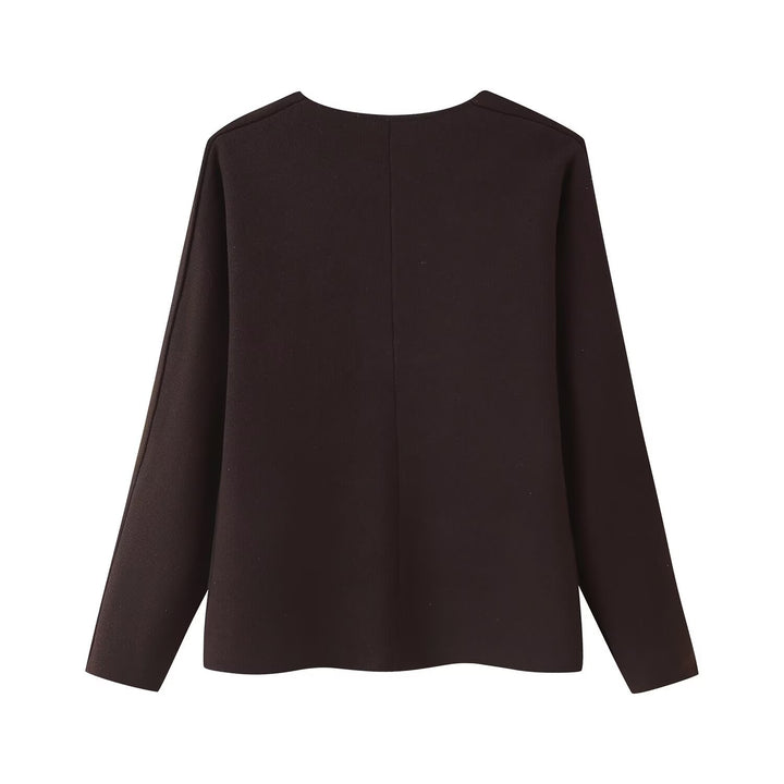 Women's Boxy Fine Knit Jacket with Deep V-Neck and Golden Decorative Buttons Mune Fashion