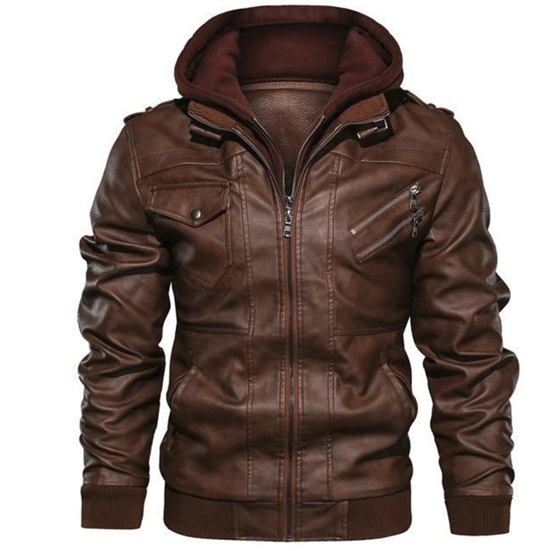 Men's Hooded Leather Jacket in Biker Style with Stand-up Collar, Ribbed Cuffs and Multiple Zipper Pockets Mune Fashion