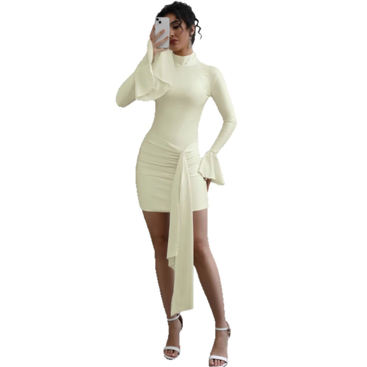 Women's Fitted Mini Dress with Turtleneck, Gathered, Tie Scarf and Bell Sleeves Mune Fashion
