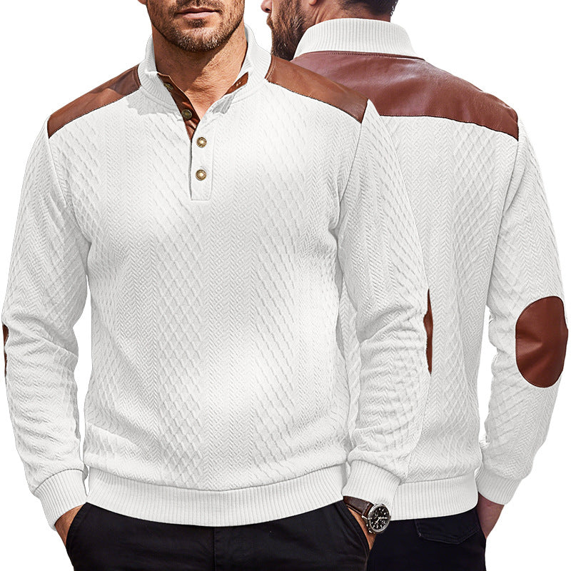 Men's pullover with stand-up collar, cable pattern and contrasting leather applications Mune Fashion