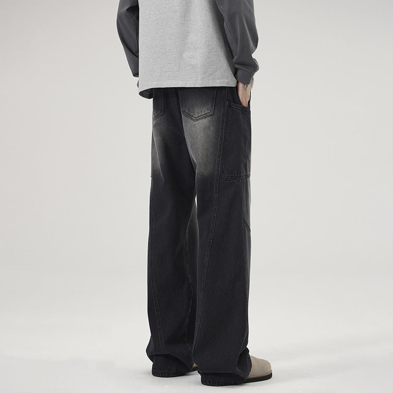 Men's Ultra-Wide Stonewashed Denim Palazzo Cargo Pants with Large Patch Pockets Mune Fashion