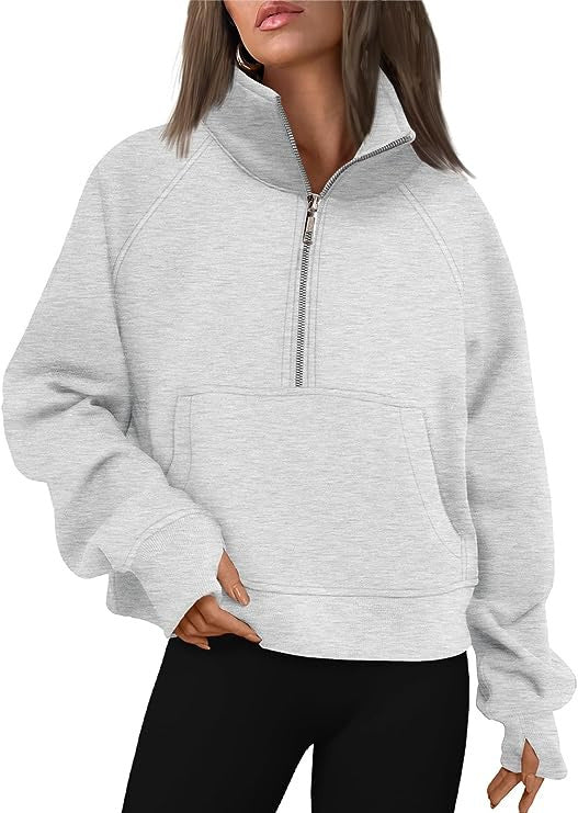 Women's cropped half-zip sweatshirt with high stand-up collar, kangaroo pocket, and drop shoulder Mune Fashion