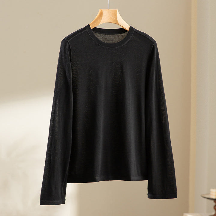 Women Fine Long Sleeve Fine Knit Shirt with Round Neckline and Straight Silhouette Mune Fashion