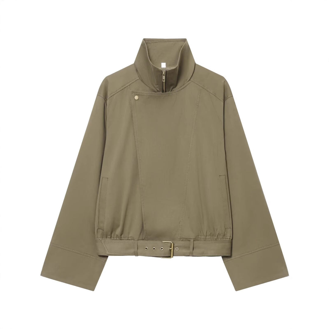 Women's short jacket with high stand-up collar, concealed zipper, and waist belt Mune Fashion