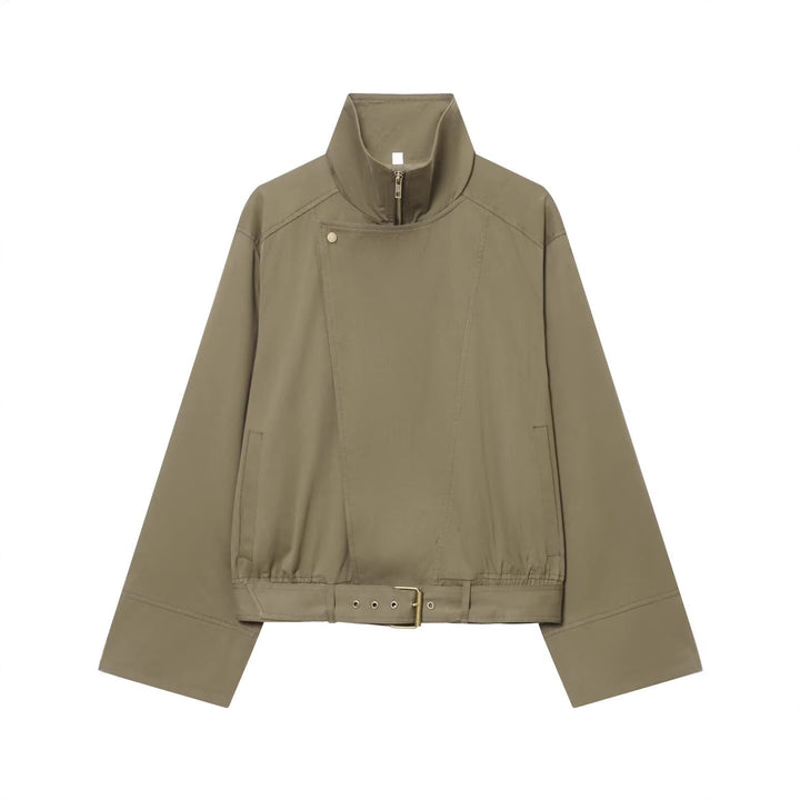 Women's short jacket with high stand-up collar, concealed zipper, and waist belt Mune Fashion