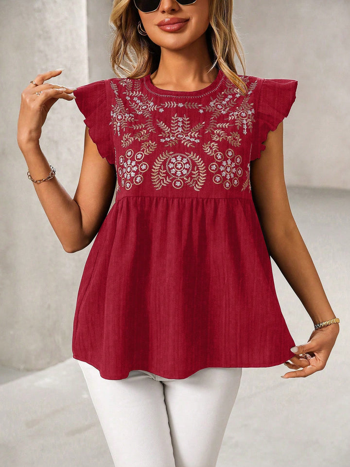 Women Loose Embroidered Babydoll Top with Ruffle Sleeves Mune Fashion