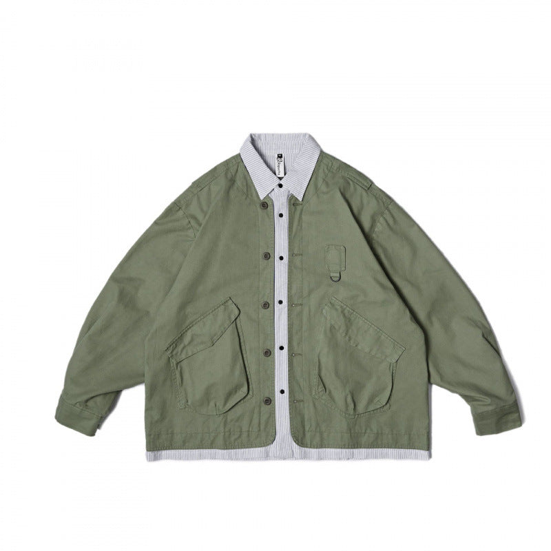 Unisex Oversize Shirt Jacket in Worker Style with Patch Flap Pockets and Contrasting Placket Mune Fashion