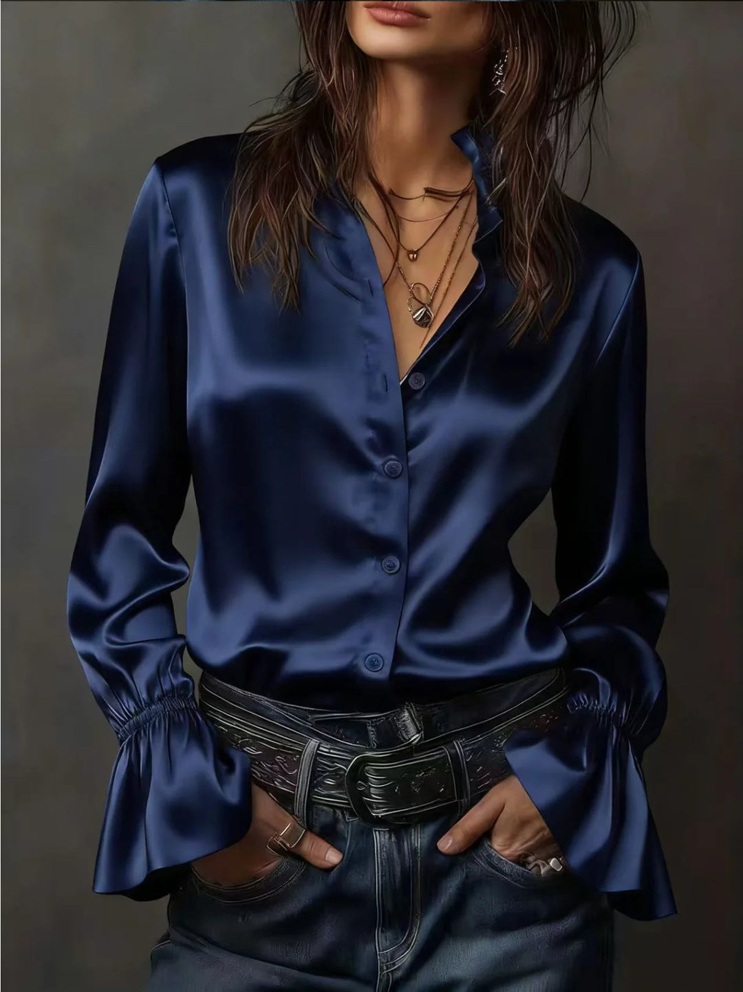 Women's Satin Blouse with Stand Collar, Button Placket, and Ruffled Sleeves
