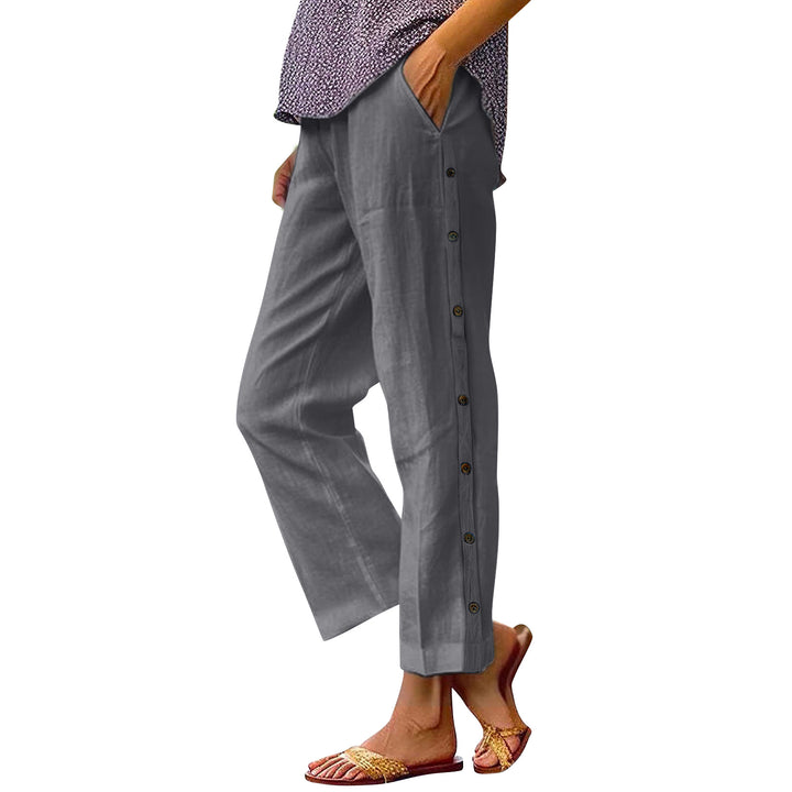 Women's Cropped Wide-Leg Button-Trim Linen-Blend Casual Pants Mune Fashion