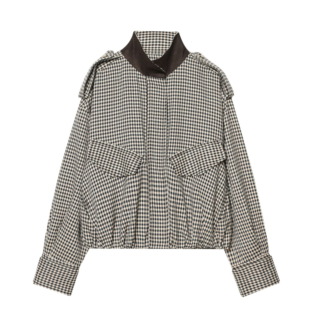 Ladies two-piece checkered set with short bomber-style shirt jacket and flared midi skirt Mune Fashion
