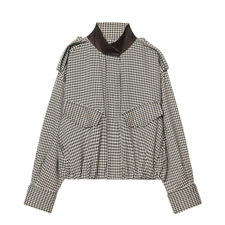 Ladies two-piece checkered set with short bomber-style shirt jacket and flared midi skirt Mune Fashion