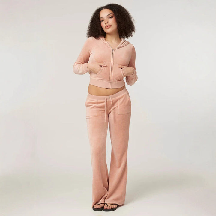 Women's Velvet Cropped Zip Jacket with Kangaroo Pocket and High-Cut Cuffed Pants Mune Fashion