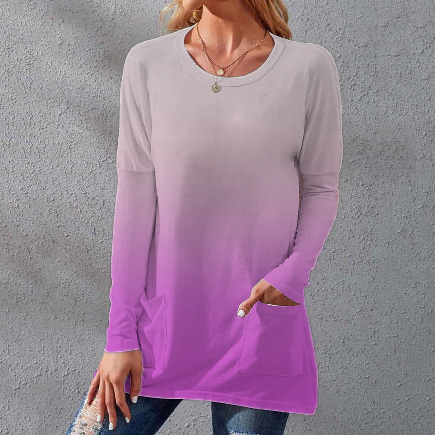 Women's Long Ombre Tunic Shirt with Round Neckline and Insert Pockets Mune Fashion