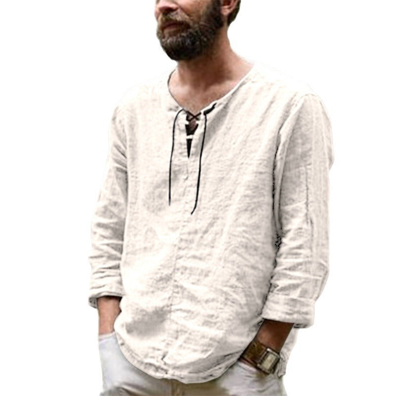 Men's Casual Linen Shirt with Decorative Lace-Up Closure Mune