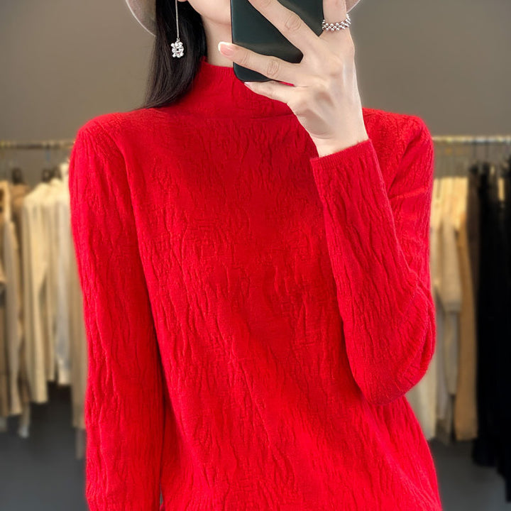 Women's Structured Fine Knit Sweater with Short Stand-Up Collar and Crinkle Look Mune Fashion