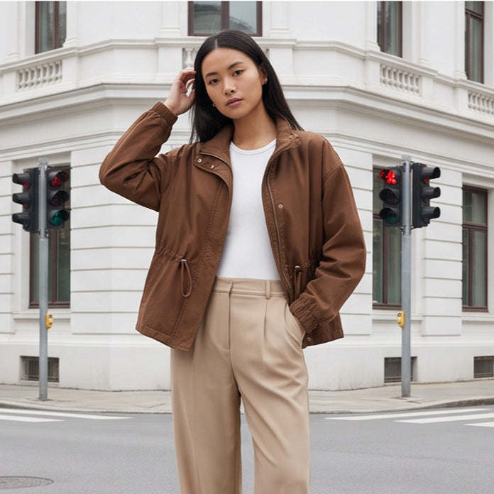 Women's utility field jacket with drawstring waist, high collar, and elastic cuffs Mune Fashion