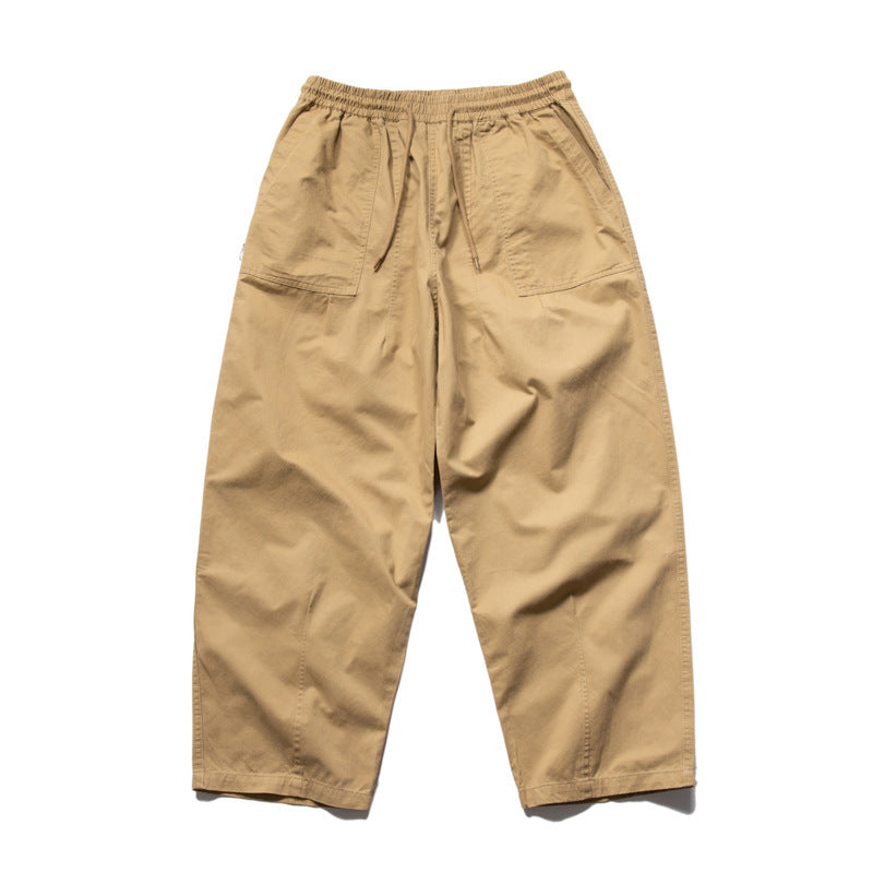 Men's Wide Relaxed Cargo Pants with Elastic Drawstring Waistband and Patch Pockets Mune Fashion