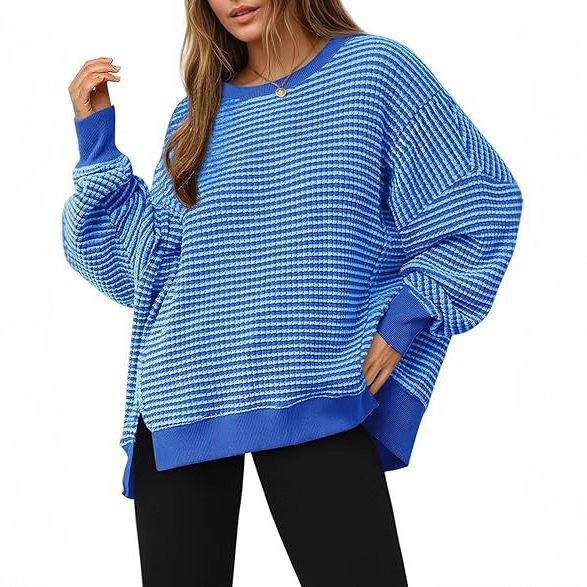 Women Striped Oversize Sweater with Round Neck and Side Slits Mune Fashion