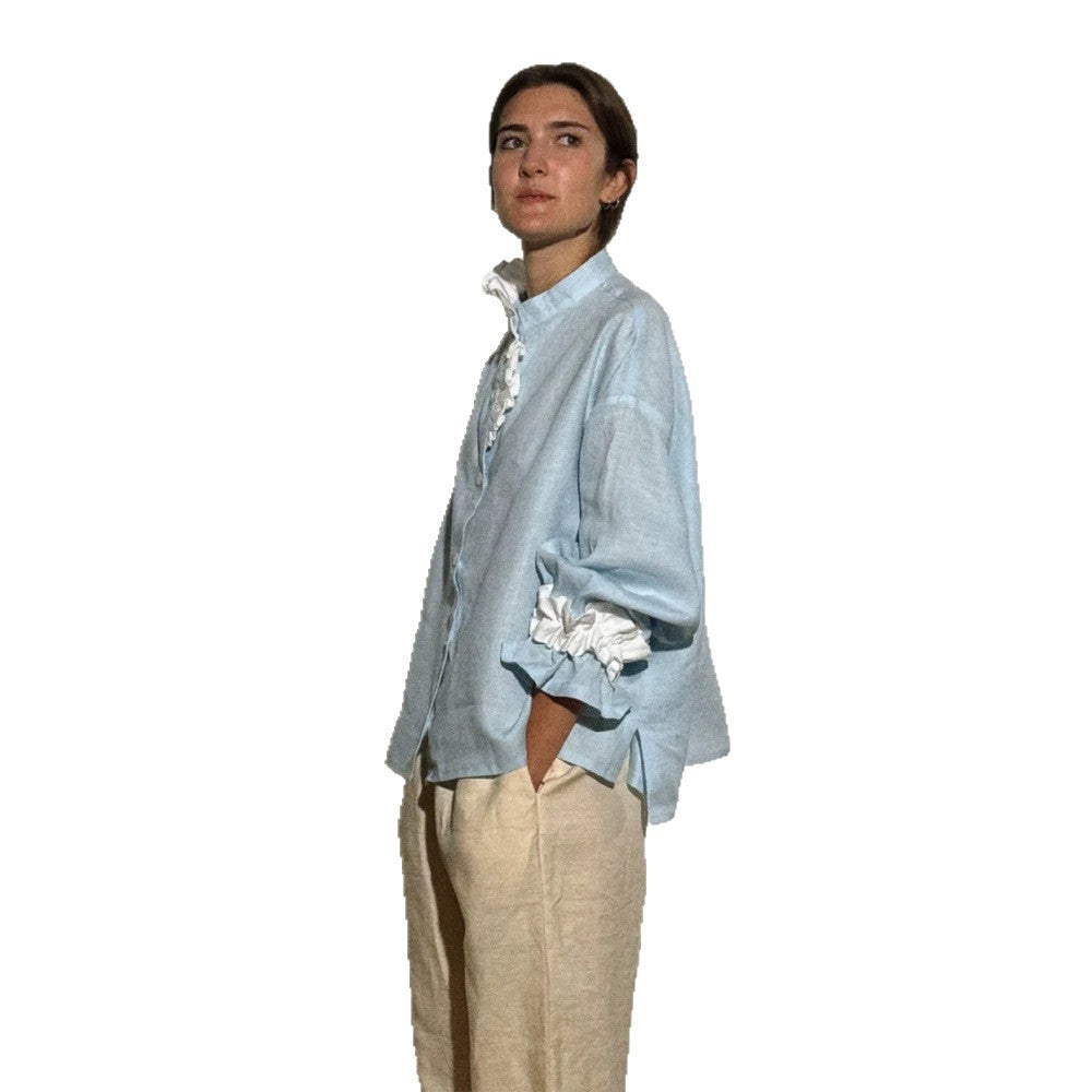 Women's lightweight linen blouse with stand-up collar, oversized silhouette and gathered cuffs Mune Fashion