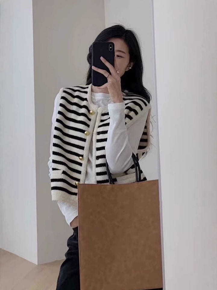 Women Short-Cut Striped Knit Vest with Gold-Colored Buttons and Patch Pockets Mune Fashion