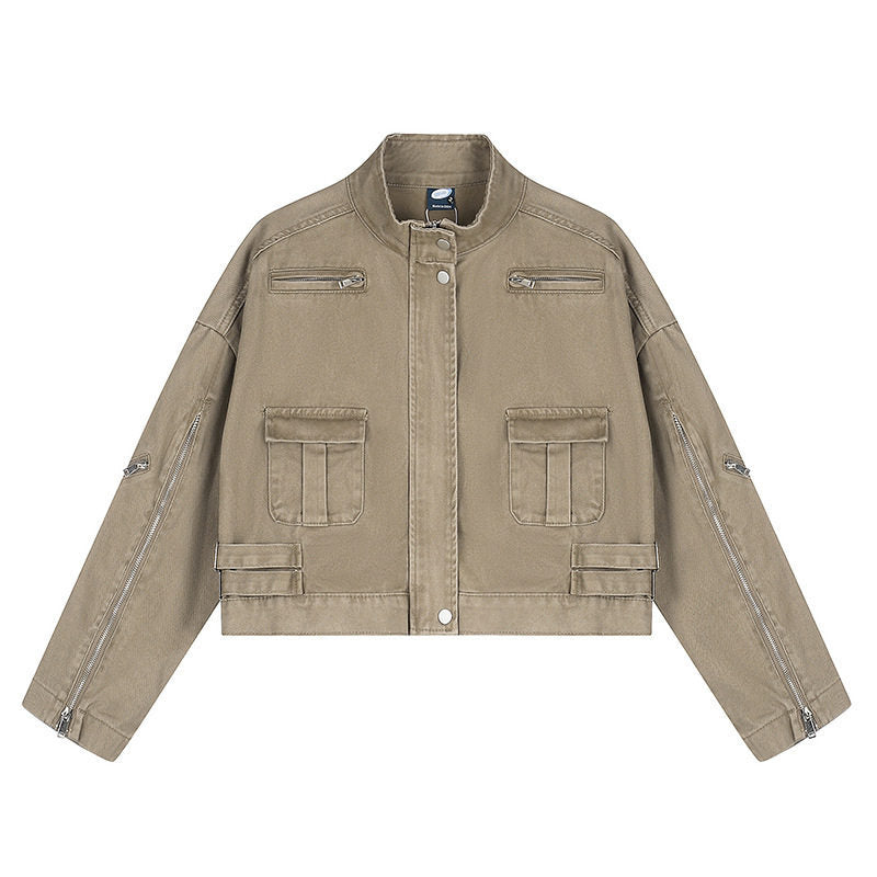Women's Cropped Utility Jacket with Stand Collar, Multiple Pockets and Zip Sleeves Mune Fashion