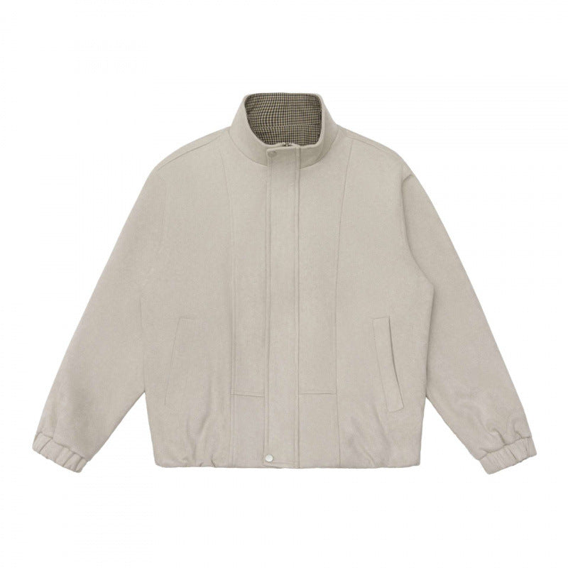 Men's short cut padded blend jacket with stand-up collar, hidden snap button placket, and checkered lined collar Mune Fashion