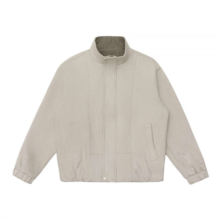 Men's short cut padded blend jacket with stand-up collar, hidden snap button placket, and checkered lined collar Mune Fashion